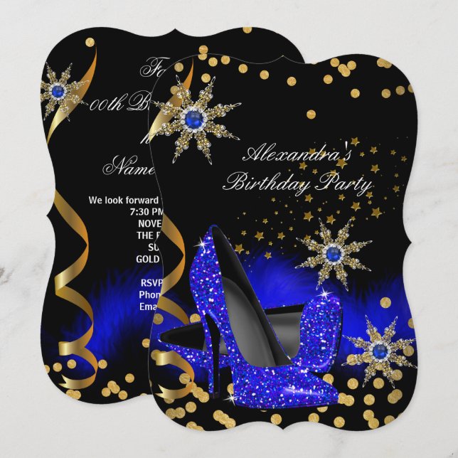 Invitación Purpurina Royal Blue High Heels Black Birday Party (Anverso / Reverso)