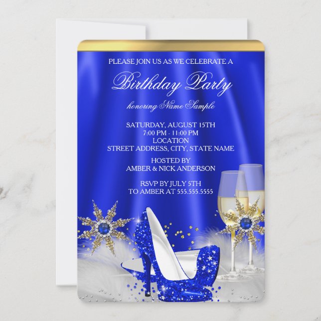 Invitación Purpurina Royal Blue High Heels Gold Champagne Fie (Anverso)