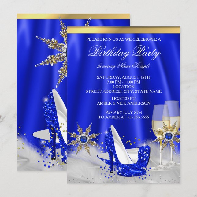 Invitación Purpurina Royal Blue High Heels Gold Champagne Fie (Anverso / Reverso)