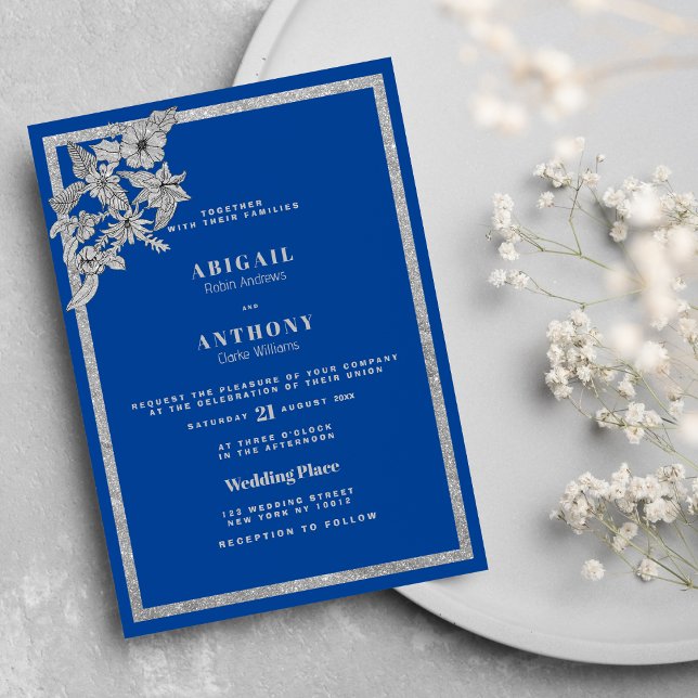 Invitación Purpurina Royal Blue Silver Boda estilo Floral (Royal Blue Silver Glitter Floral Stylish Wedding Invitation )