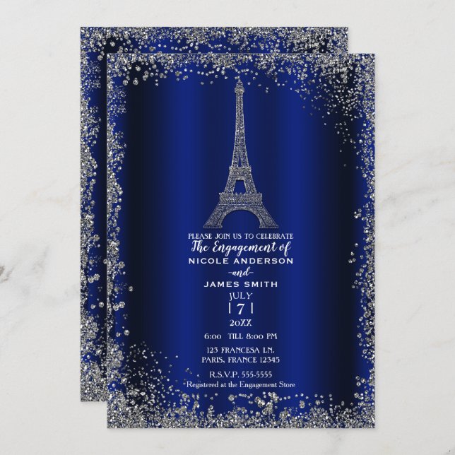 Invitación Purpurina Royal Blue Silver Compromiso con la Torr (Anverso / Reverso)
