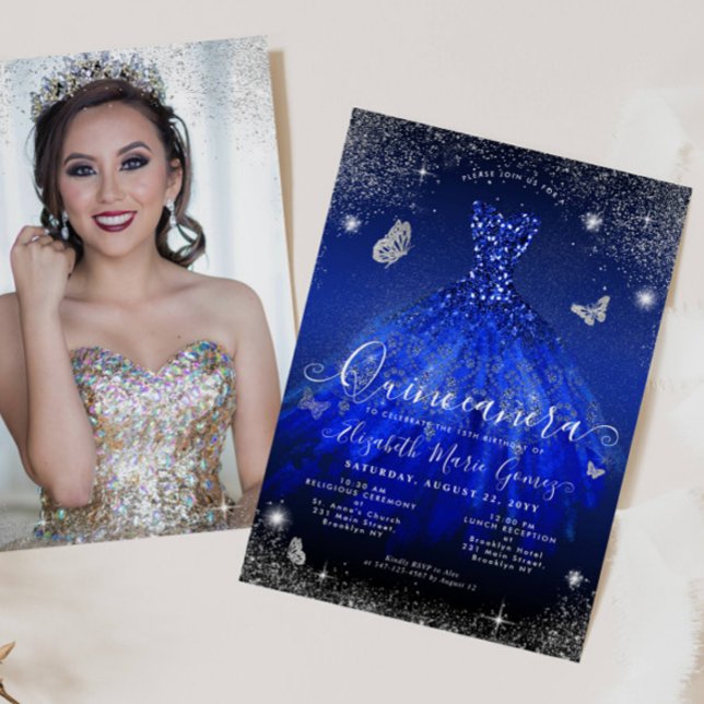 Invitación Purpurina Royal Blue Silver foto con traje Quincea (Subido por el creador)