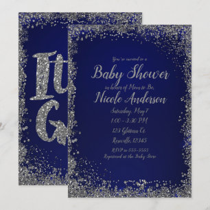 Invitación Purpurina Royal Blue Silver Glam Baby Shower moder