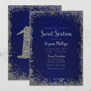 Invitación Purpurina Royal Blue & Silver Glam Sweet 16 Fiesta