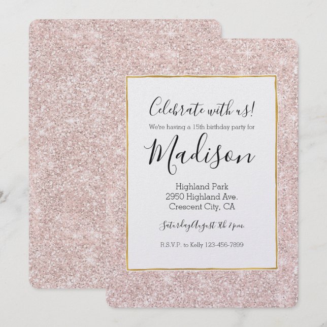 Invitación Purpurina Rubor Faux Pink Sparkle (Anverso / Reverso)