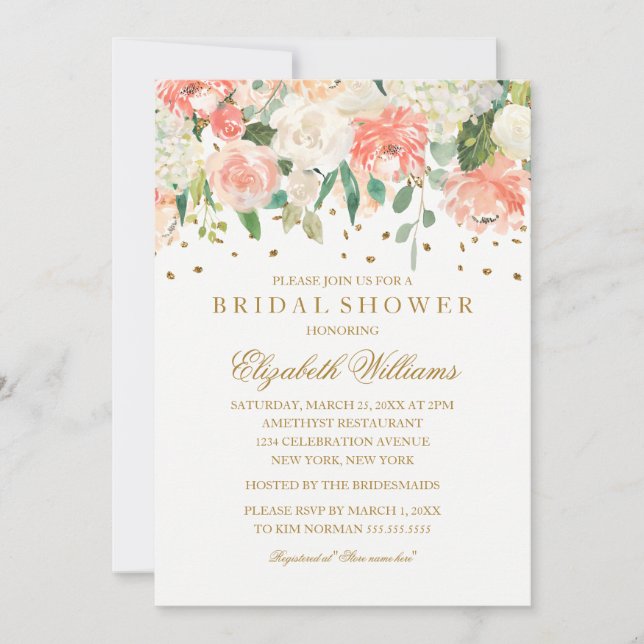 Invitación Purpurina Rubor Gold Floral Bridal Shower (Anverso)
