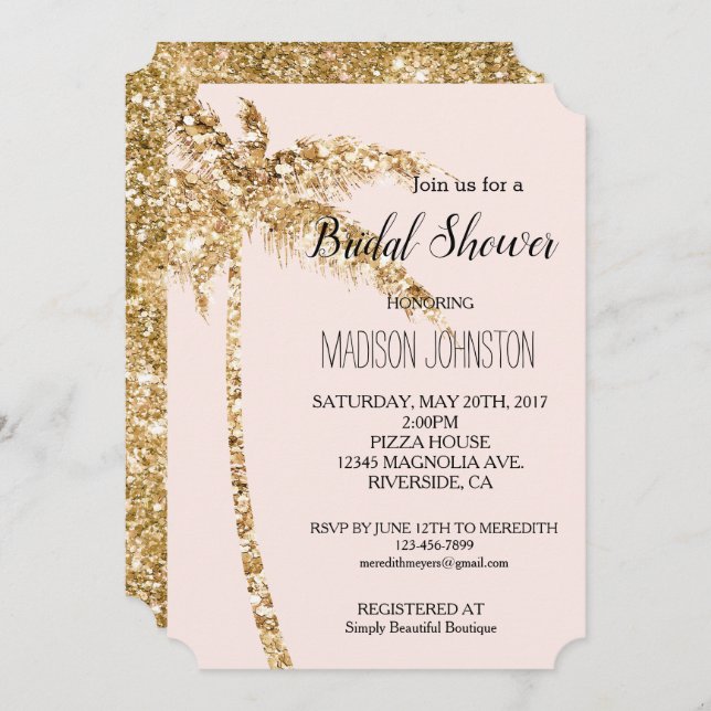 Invitación Purpurina Rubor Gold Palm Tree Bridal Shower (Anverso / Reverso)