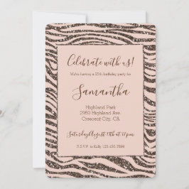 Invitación Purpurina Rubor Peach Chocolate Brown Zebra Print