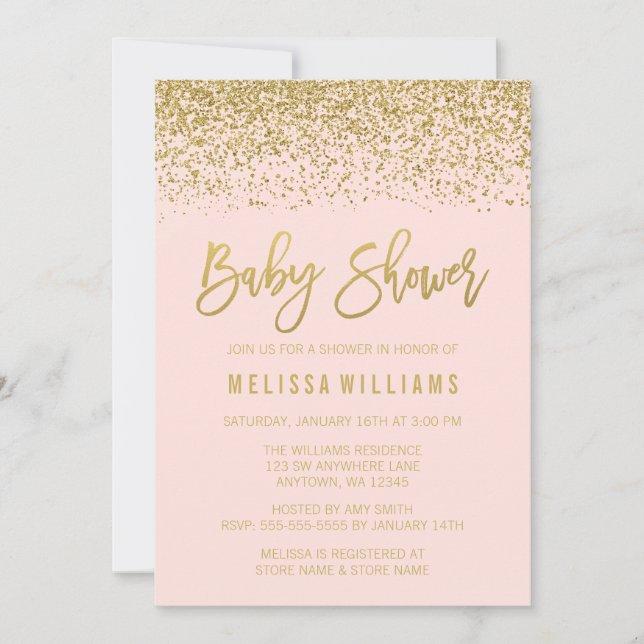 Invitación Purpurina Rubor Pink Gold Faux Baby Shower (Anverso)