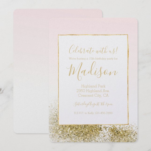 Invitación Purpurina Rubor Pink Gold Faux Sparkle Ombre (Anverso / Reverso)