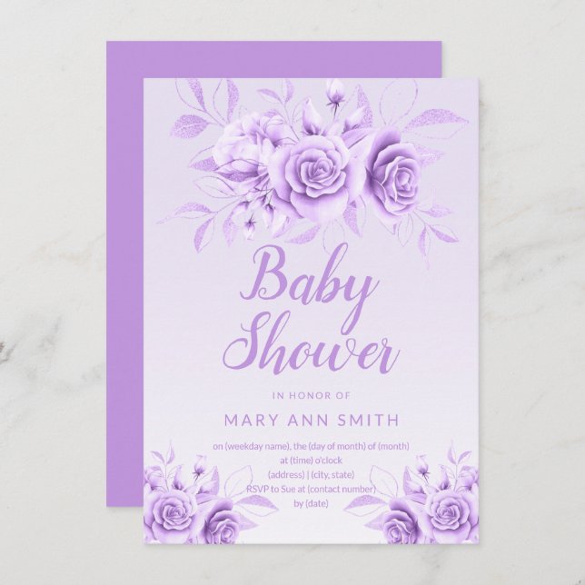 Invitación Purpurina Rubor Purple Floral Baby Shower  (Anverso / Reverso)