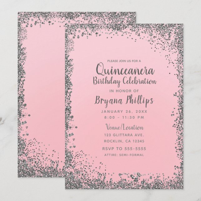 Invitación Purpurina Rubor Rosa y Plata Corona Quinceañera 15 (Anverso / Reverso)