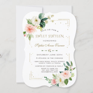 Invitación Purpurina Rubor White Flowers de lujo Gold Sweet 1