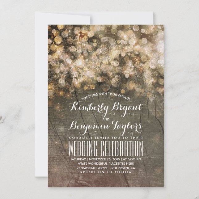 Invitación Purpurina Rústico Oro Encendido Boda de Madera (Anverso)