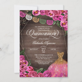Invitación Purpurina Rústico Rosa  Gown Fiesta Quinceañer