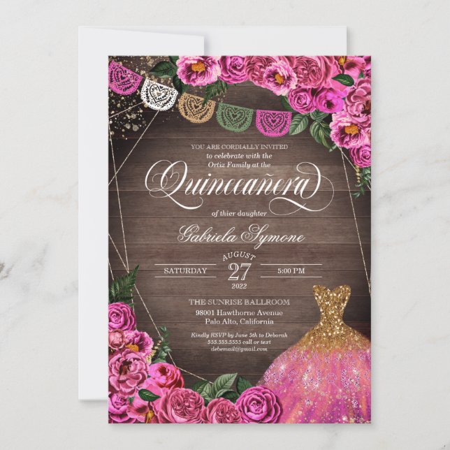 Invitación Purpurina Rústico Rosa  Gown Fiesta Quinceañer (Anverso)
