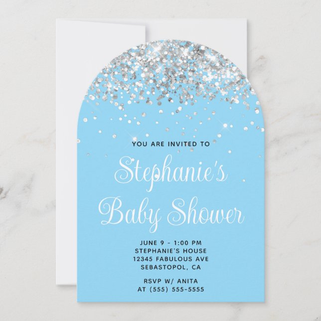 Invitación Purpurina Silver Baby Blue Baby Shower (Anverso)