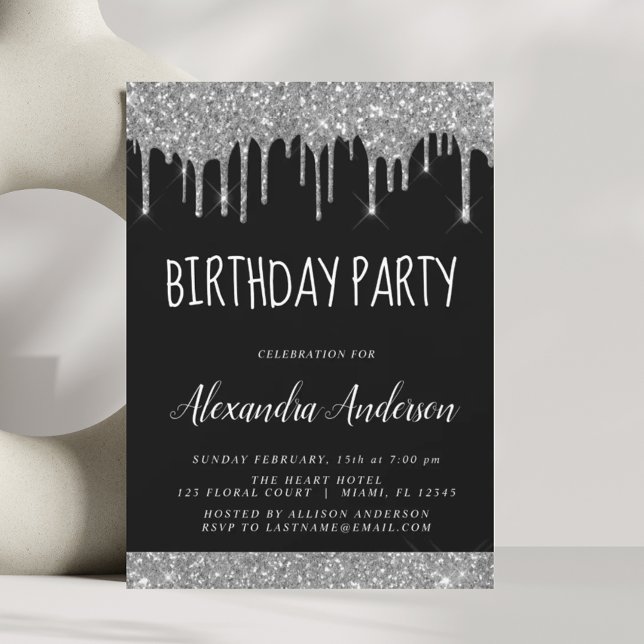 Invitación Purpurina Silver Black Sparkle Cualquier Cumpleaño (Subido por el creador)