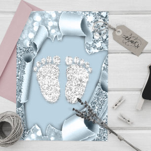 Invitación Purpurina Silver Blue Baby Shower Feet Boy