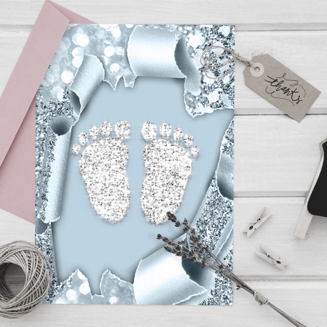 Invitación Purpurina Silver Blue Baby Shower Feet Boy (Silver Blue Baby Shower Feet Boy Glitter Invitation)