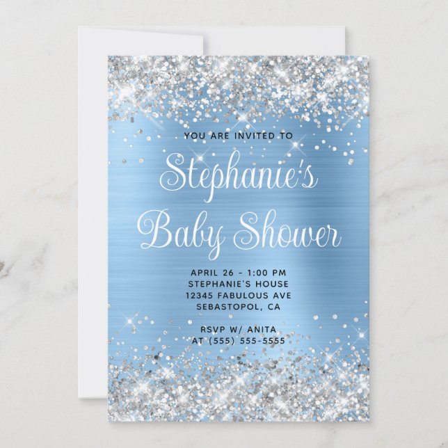 Invitación Purpurina Silver Blue Online Registry Baby Shower (Anverso)