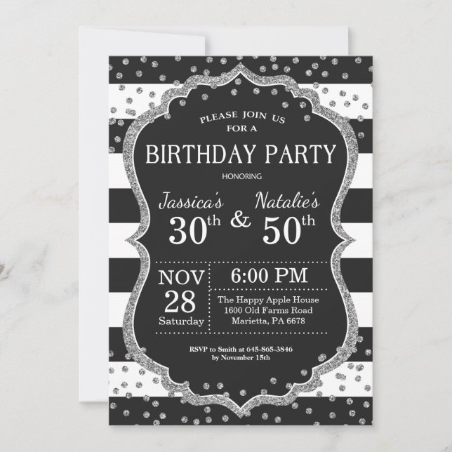 Invitación Purpurina Silver del partido de cumpleaños conjunt (Anverso)