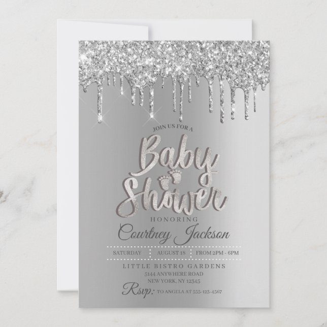 Invitación Purpurina Silver Drip Baby Shower (Anverso)