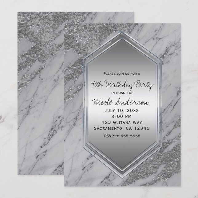 Invitación Purpurina Silver Marble Fiesta de cumpleaños Cualq (Anverso / Reverso)