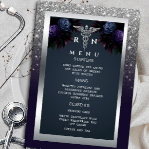 Invitación Purpurina Silver Navy Blue Florals Menú Médico