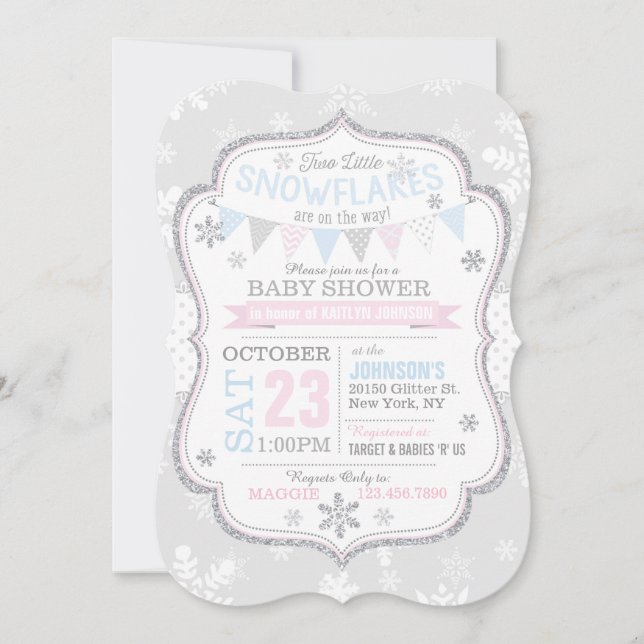 Invitación Purpurina Silver Snowflake Twins Baby Shower (Anverso)