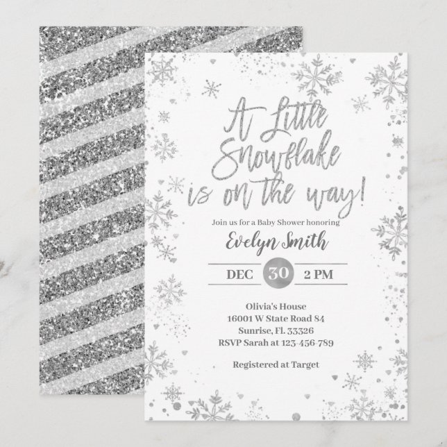 Invitación Purpurina Silver Snowflakes Winter Baby Shower (Anverso / Reverso)