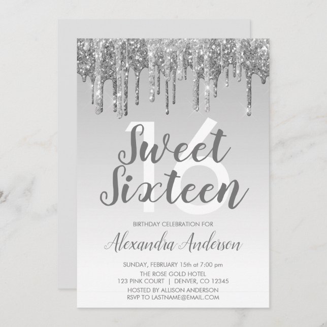 Invitación Purpurina Silver Sparkle Dulce Dieciséis Cumpleaño (Anverso / Reverso)