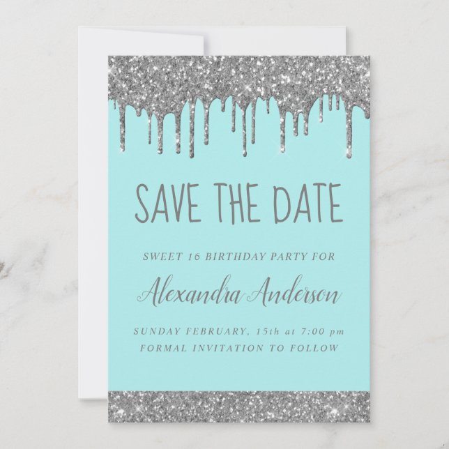 Invitación Purpurina Silver Sparkle Sweet 16 Save the Date (Anverso)