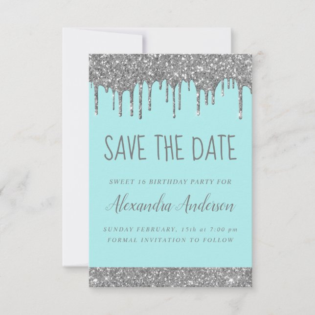 Invitación Purpurina Silver Sparkle Sweet 16 Save the Date (Anverso)