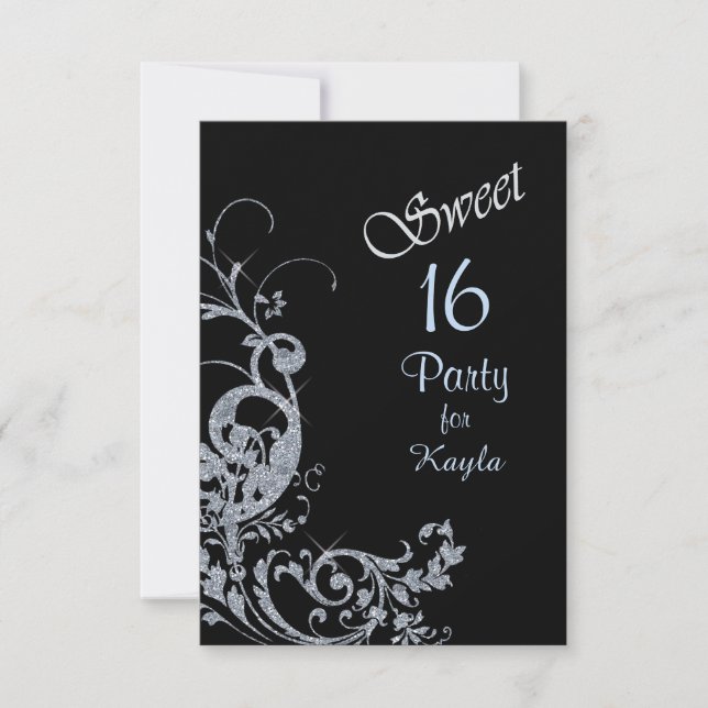 Invitación Purpurina Silver Swirl Sweet 16 Fiesta (Anverso)