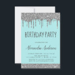 Invitación Purpurina Silver Verde azulada Blue Sparkle Cualqu<br><div class="desc">Purpurina Plateado y Verde azulado de agua azul Personalizado Cualquier edad (13, 16, 18, 21, 30, 40, 50, 60) Invitación de fiesta de cumpleaños . Es la invitación perfecta (trece, dieciséis, dieciocho, veintiuno, treinta, cuarenta, cincuenta o sesenta) a divertirse y a la moda para el cumpleaños de una elegante y...</div>