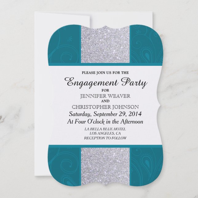 Invitación Purpurina Silver y Aqua Verde azulado con diseño S (Anverso)