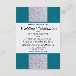 Invitación Purpurina Silver y Aqua Verde azulado con diseño S