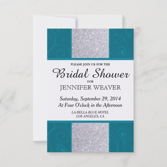 Invitación Purpurina Silver y Aqua Verde azulado con diseño S (Anverso)