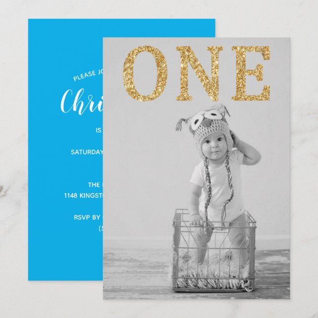 Invitación Purpurina simple fotográfico de oro 1er cumpleaños (Anverso / Reverso)