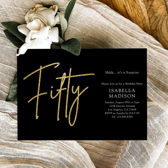 Invitación Purpurina simple negro y oro 50 cumpleaños (Simple Black and Gold Glitter 50th Birthday Invitation
)