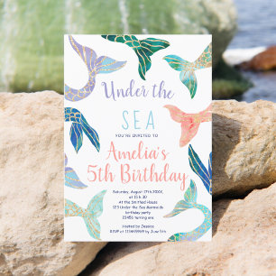 Invitación Purpurina sirena purpurina de oro pastel 5 años
