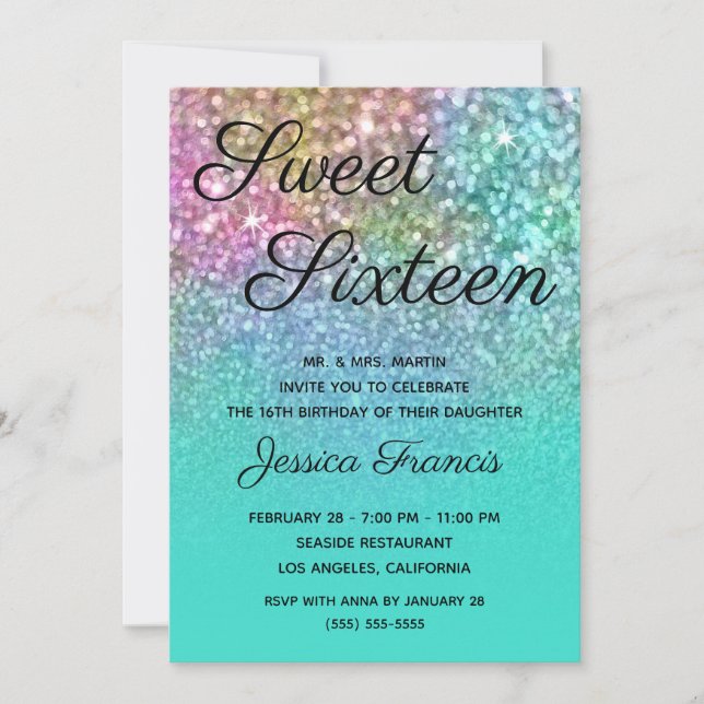 Invitación Purpurina Sirena Turquoise Ombre Dulce Dieciséis (Anverso)