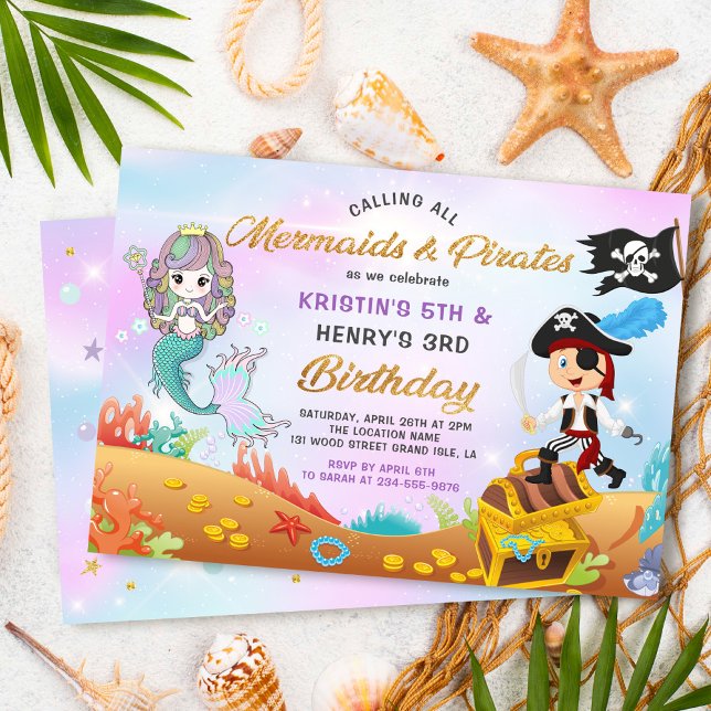 Invitación Purpurina Sirena Y Pirata Bajo El Mar Cumpleaños (Subido por el creador)
