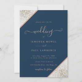 Invitación purpurina sobre boda blanco y azul marino