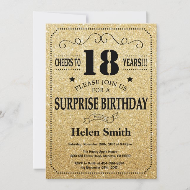 Invitación Purpurina Sorpresa 18 cumpleaños negro y oro (Anverso)