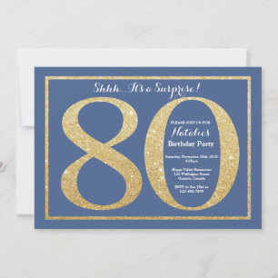 Invitación Purpurina Sorpresa 80 cumpleaños azul y oro