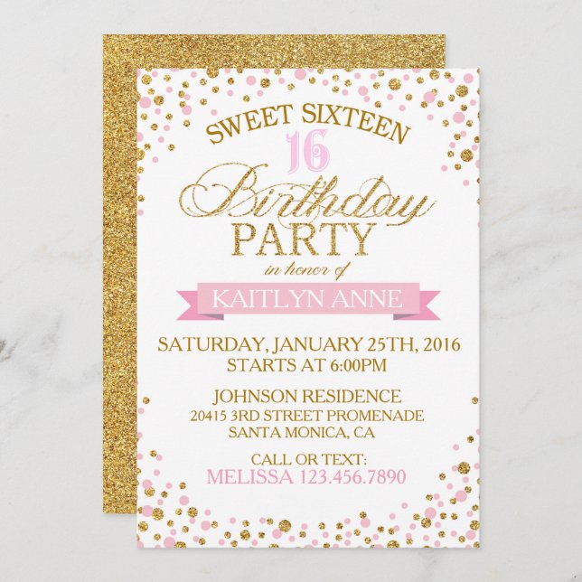 Invitación Purpurina Sparkle Gold Dots Sweet 16 Cumpleaños (Anverso / Reverso)