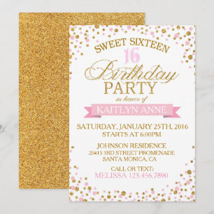 Invitación Purpurina Sparkle Gold Dots Sweet 16 Cumpleaños