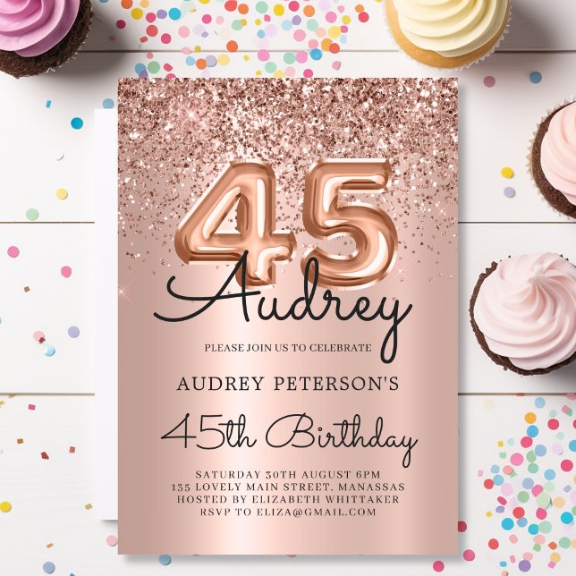Invitación Purpurina Sparkle Rosa Globo de Oro 45º cumpleaños (Subido por el creador)